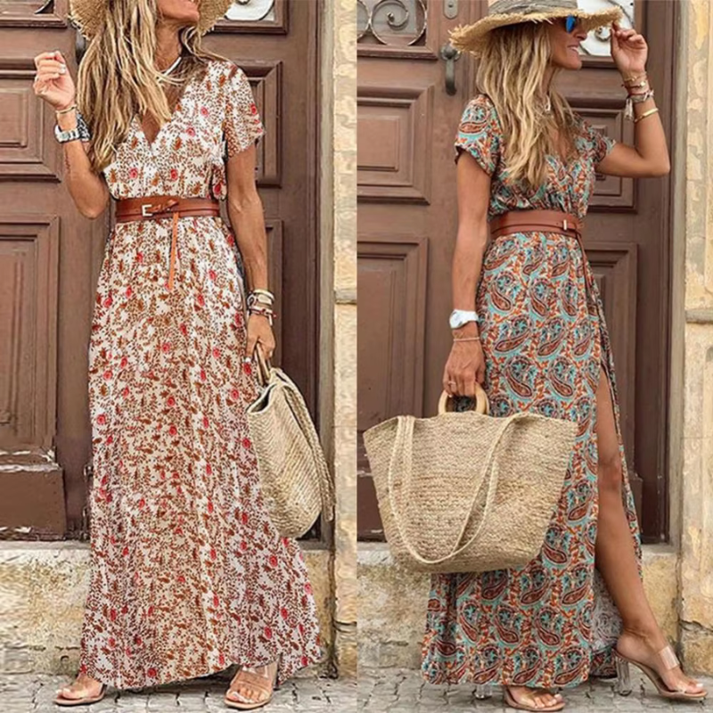 Floral Maxi Dress | Women's V Neck Design with Front Slit & Belt | Effortless Summer Style