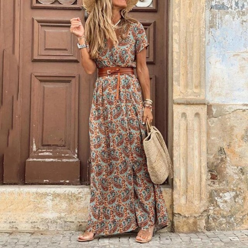 Floral Maxi Dress | Women's V Neck Design with Front Slit & Belt | Effortless Summer Style