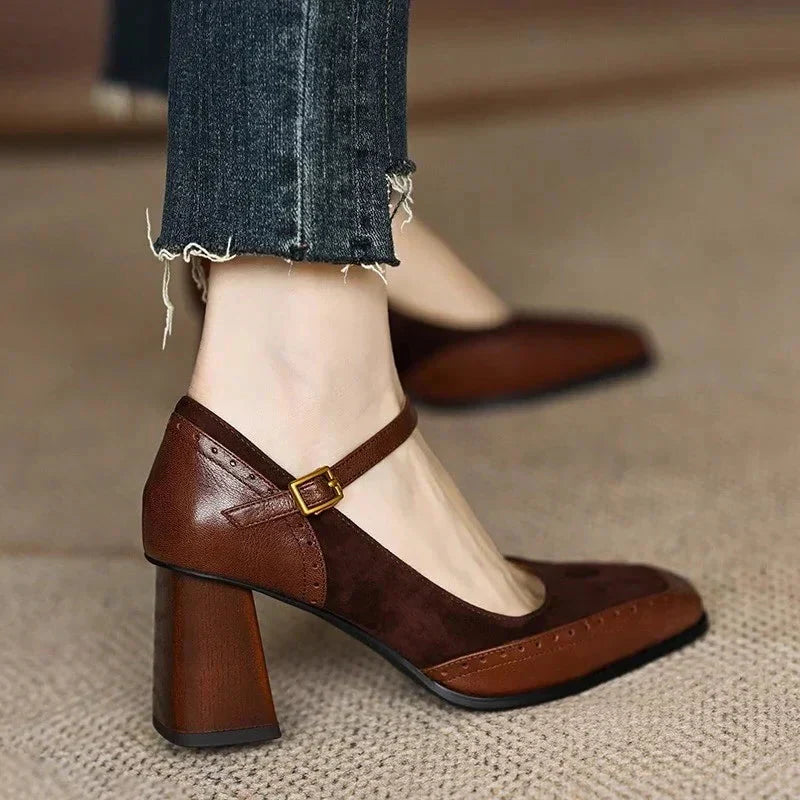 Florence Collection | Women's Pumps with Brogue Stitching | Black Heels for Women with Ankle Strap Comfort