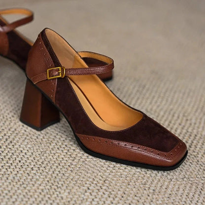 Florence Collection | Women's Pumps with Brogue Stitching | Black Heels for Women with Ankle Strap Comfort