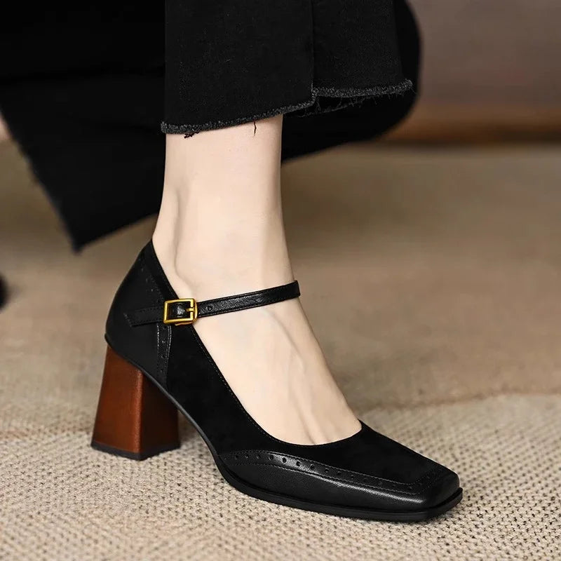 Florence Collection | Women's Pumps with Brogue Stitching | Black Heels for Women with Ankle Strap Comfort