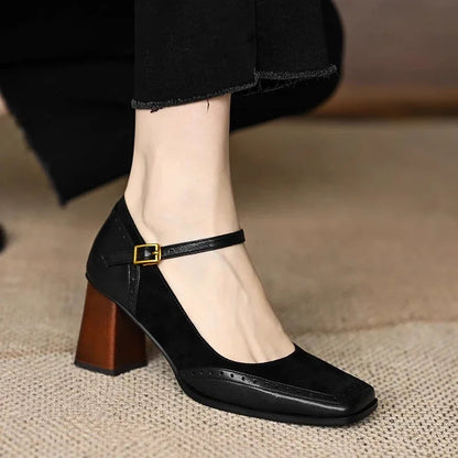 Florence Collection | Women's Pumps with Brogue Stitching | Black Heels for Women with Ankle Strap Comfort