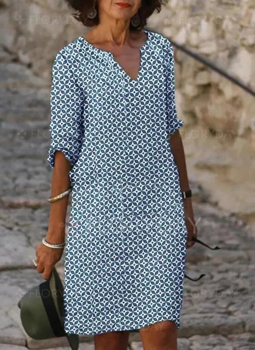 Gerda | Women's Vintage Summer Dress with Split Neckline & 3/4 Sleeves | Effortless Style for Warm Days
