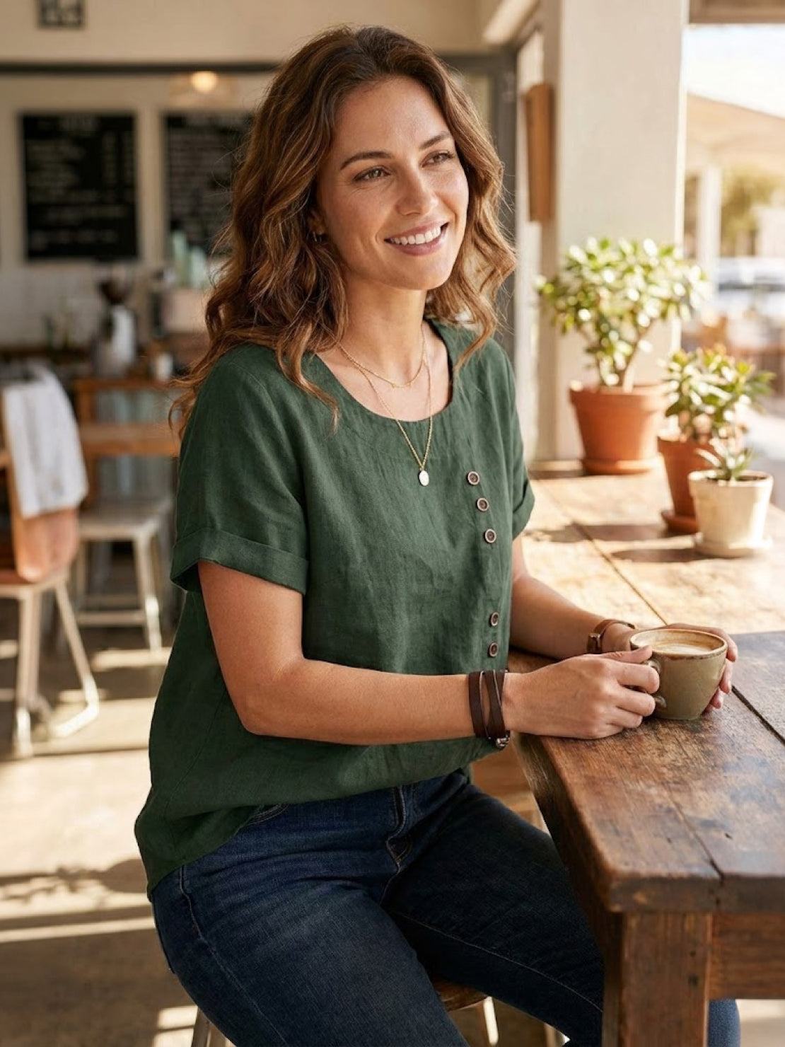 Grace Collection | Women's Linen Blouse with Button Detail | Stylish Summer Top for Effortless Outfits
