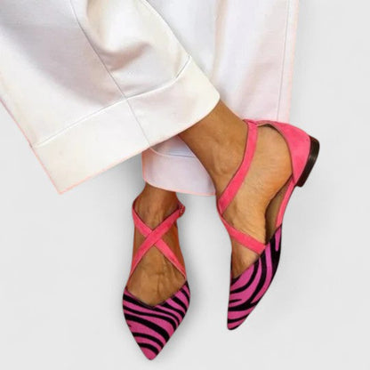 Kara Collection | Pointed Toe Ballet Flats with Zebra Print & Fuchsia Accents | Stylish Comfort for Women