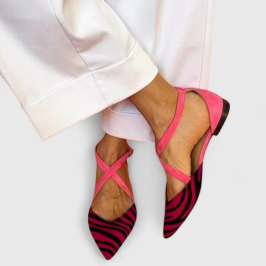 Kara Collection | Pointed Toe Ballet Flats with Zebra Print & Fuchsia Accents | Stylish Comfort for Women
