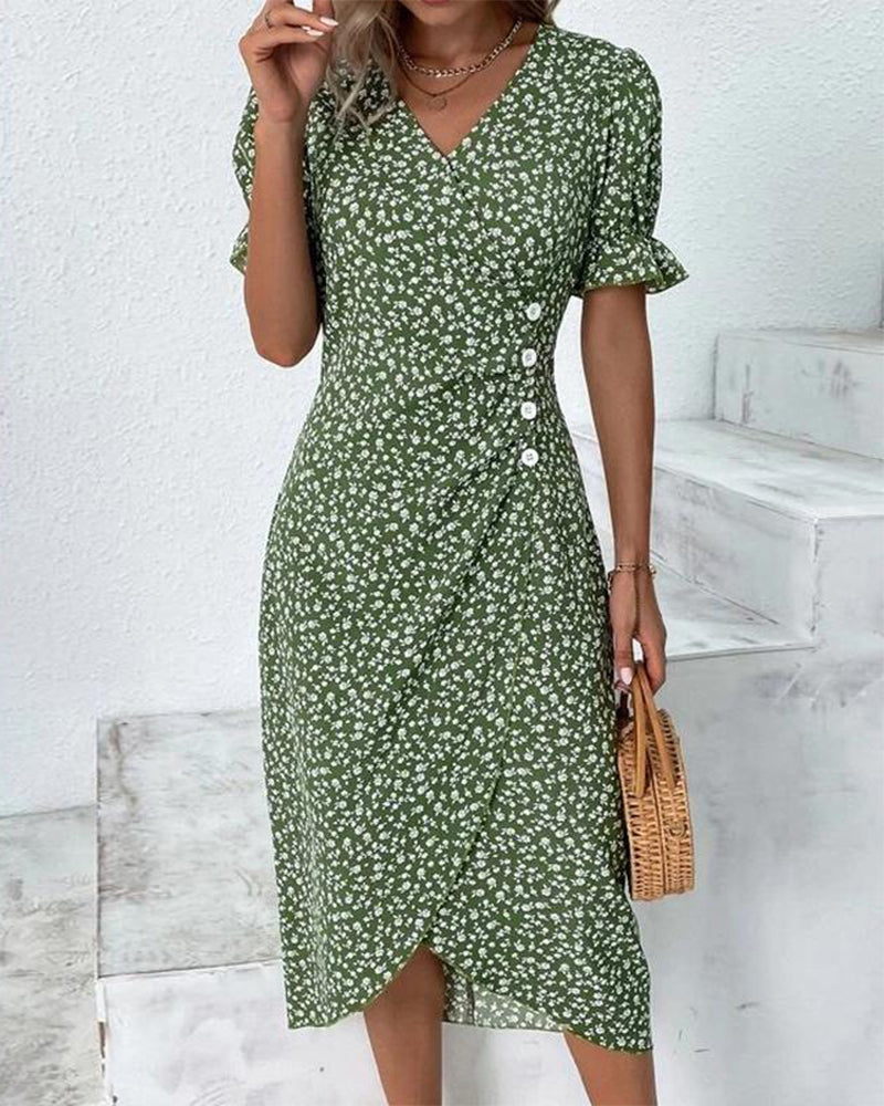 Larissa | Women's Floral Midi Dress with V-Neck & Puff Sleeves | Elegant Summer Wedding Guest Dress