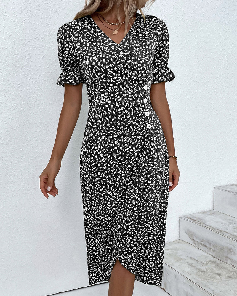 Larissa | Women's Floral Midi Dress with V-Neck & Puff Sleeves | Elegant Summer Wedding Guest Dress