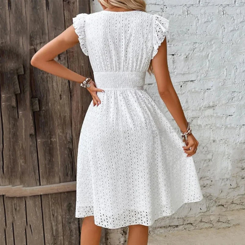 Lily Collection | Women's White Summer Dress with Eyelet Texture | Flattering A-Line Fit for Effortless Style