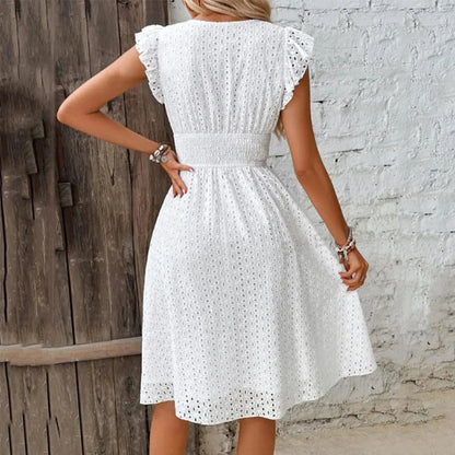 Lily Collection | Women's White Summer Dress with Eyelet Texture | Flattering A-Line Fit for Effortless Style