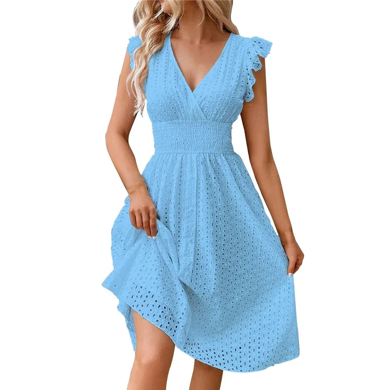 Lily Collection | Women's White Summer Dress with Eyelet Texture | Flattering A-Line Fit for Effortless Style
