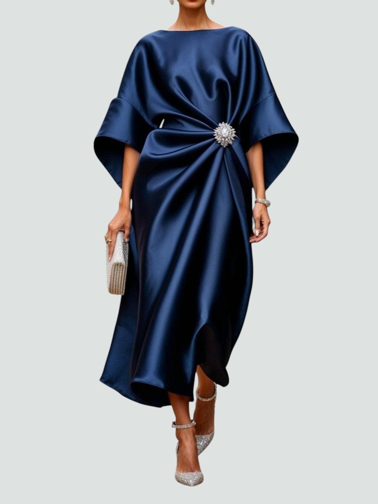 Luneth | Women's Midi Dress with Gathered Waist & Sparkling Brooch | Elegant Cocktail Dress for Wedding Guests