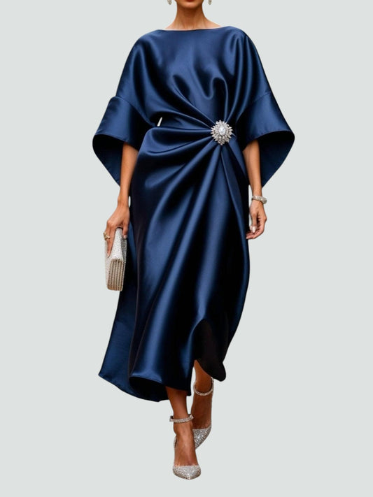 Luneth | Women's Midi Dress with Gathered Waist & Sparkling Brooch | Elegant Cocktail Dress for Wedding Guests