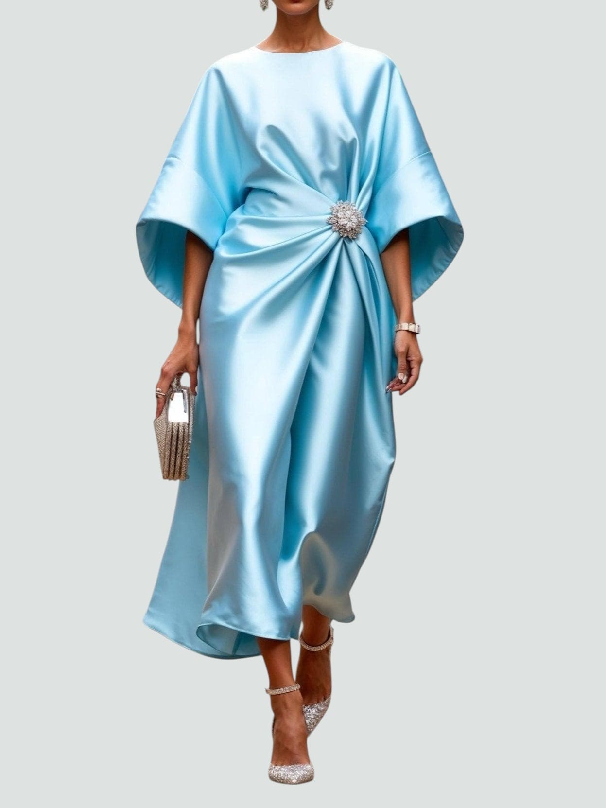 Luneth | Women's Midi Dress with Gathered Waist & Sparkling Brooch | Elegant Cocktail Dress for Wedding Guests
