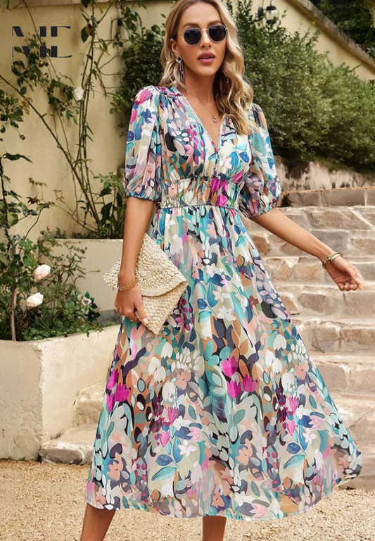 Makayla | Women's Floral Midi Dress with V Neck Design | Elegant Summer Wedding Guest Dress for Timeless Style