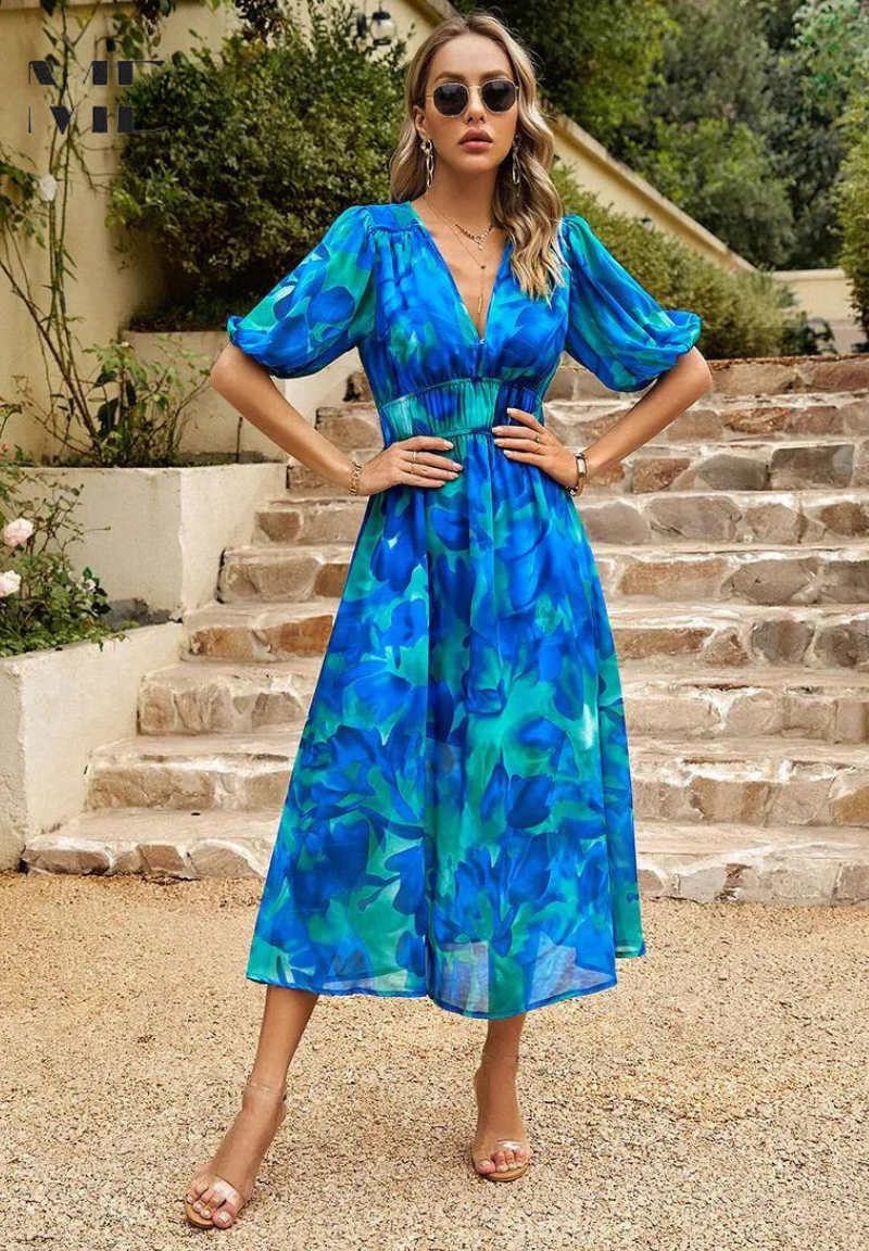 Makayla | Women's Floral Midi Dress with V Neck Design | Elegant Summer Wedding Guest Dress for Timeless Style