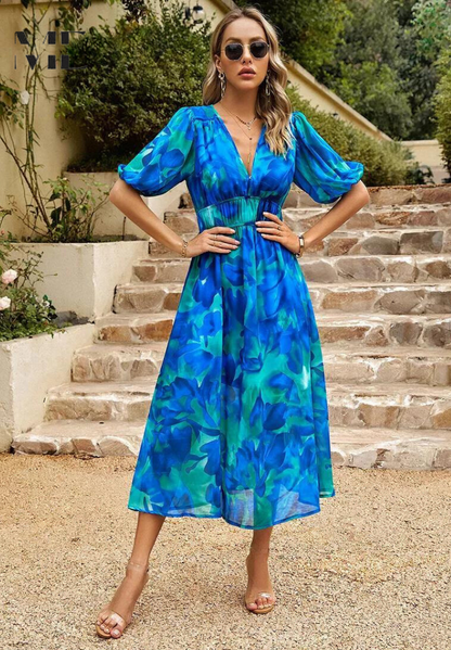 Makayla | Women's Floral Midi Dress with V Neck Design | Elegant Summer Wedding Guest Dress for Timeless Style