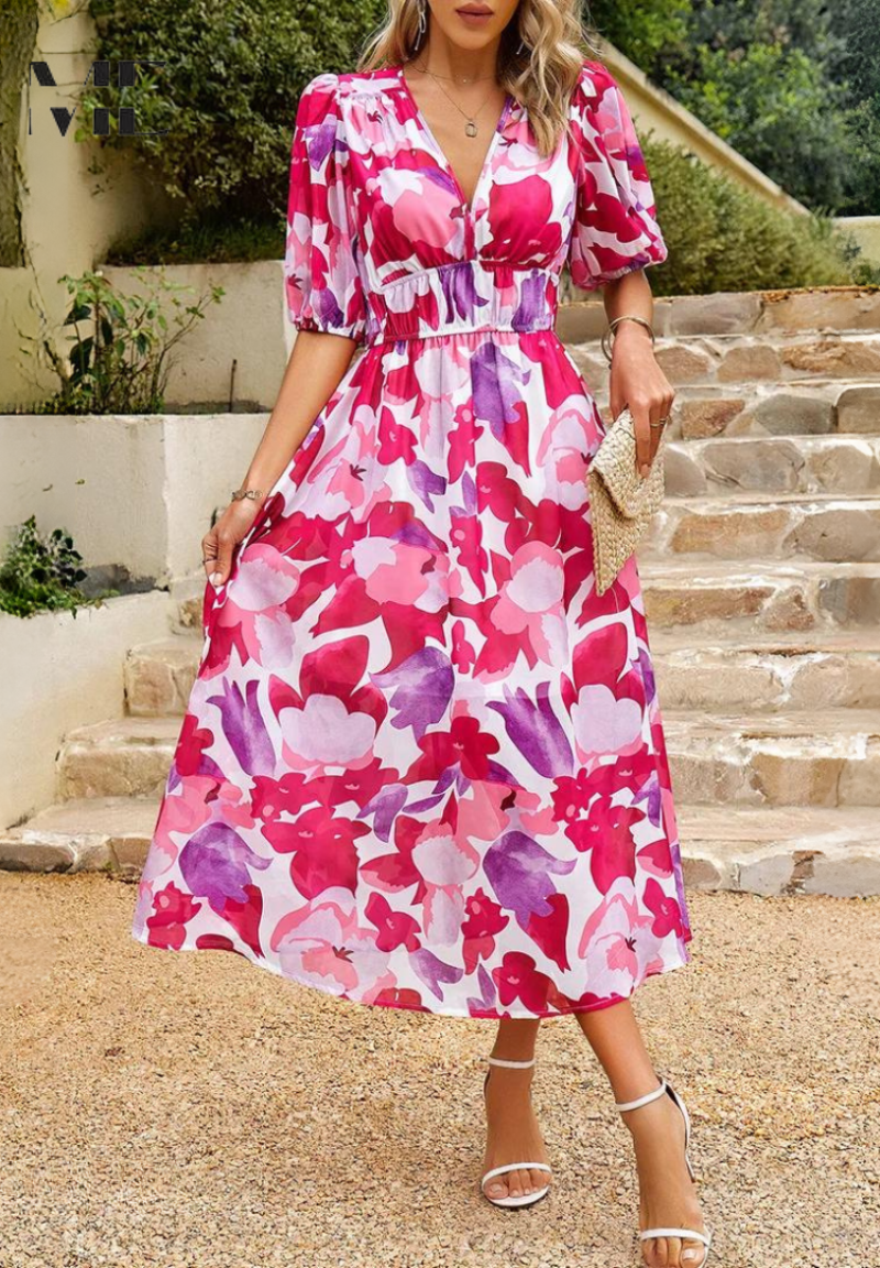 Makayla | Women's Floral Midi Dress with V Neck Design | Elegant Summer Wedding Guest Dress for Timeless Style