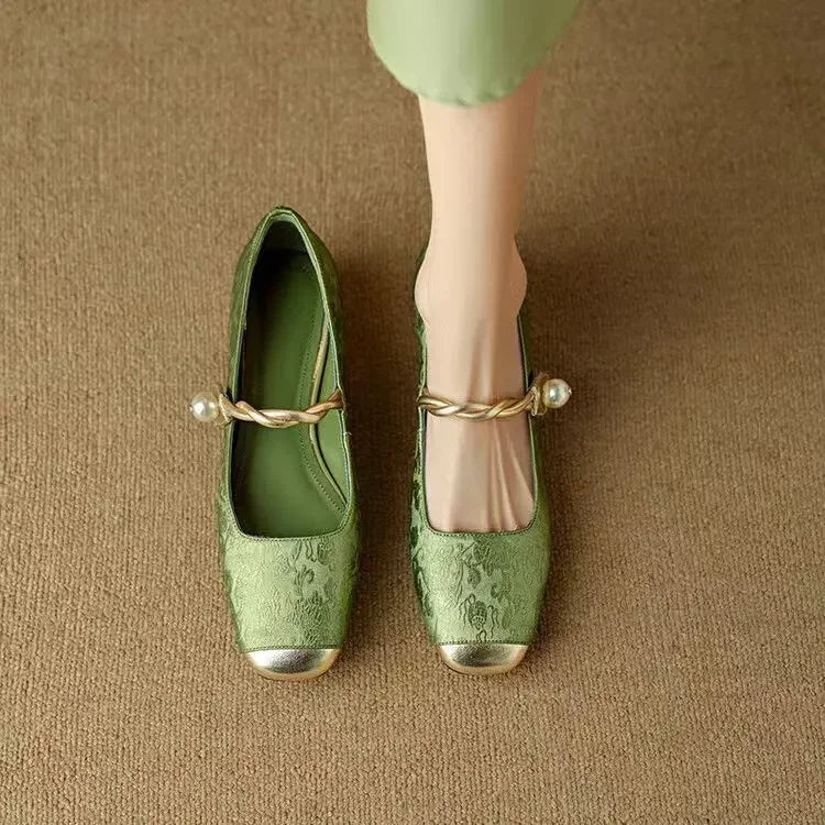 Mestelle | Women's Shoes - Vintage-Inspired Mary Janes with Twisted Pearl Strap | Elegant Footwear for Stylish Occasions