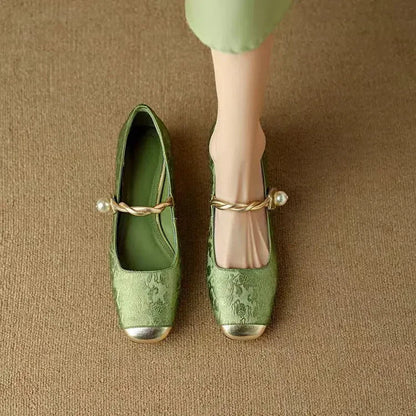 Mestelle | Women's Shoes - Vintage-Inspired Mary Janes with Twisted Pearl Strap | Elegant Footwear for Stylish Occasions