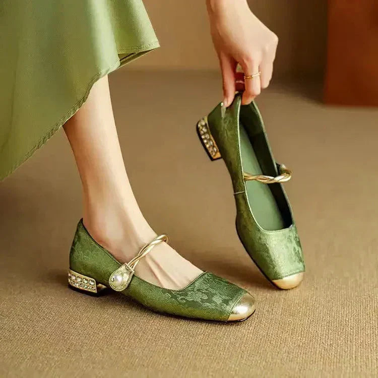 Mestelle | Women's Shoes - Vintage-Inspired Mary Janes with Twisted Pearl Strap | Elegant Footwear for Stylish Occasions