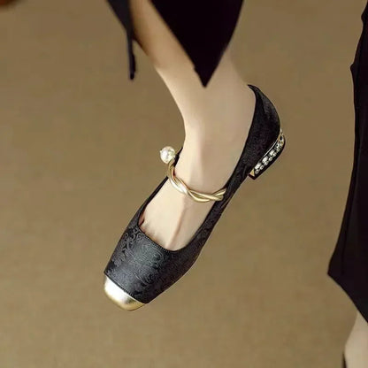 Mestelle | Women's Shoes - Vintage-Inspired Mary Janes with Twisted Pearl Strap | Elegant Footwear for Stylish Occasions