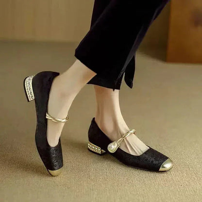Mestelle | Women's Shoes - Vintage-Inspired Mary Janes with Twisted Pearl Strap | Elegant Footwear for Stylish Occasions