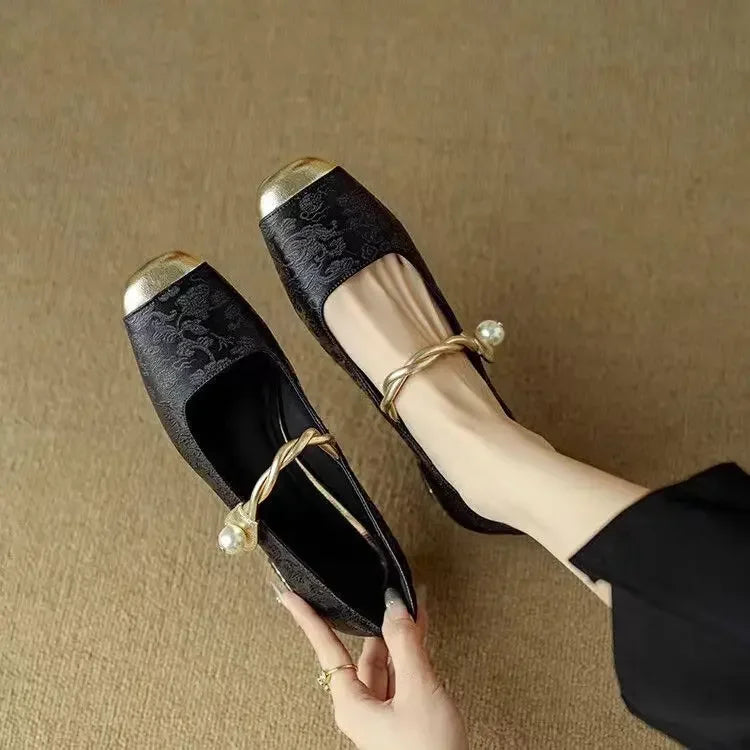 Mestelle | Women's Shoes - Vintage-Inspired Mary Janes with Twisted Pearl Strap | Elegant Footwear for Stylish Occasions