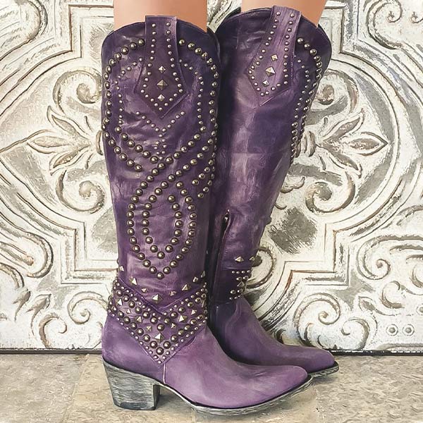 Modern Cowgirl | Brown Knee High Boots for Women with Studded Accents | Effortless Style for All Seasons