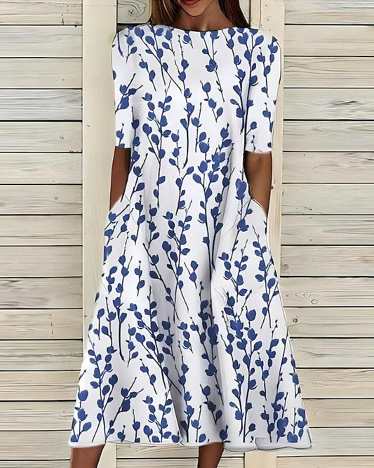 Nature's Touch | Women's Flowy A-Line Midi Dress with Pockets | Lightweight Cotton-Linen Blend for Effortless Summer Style