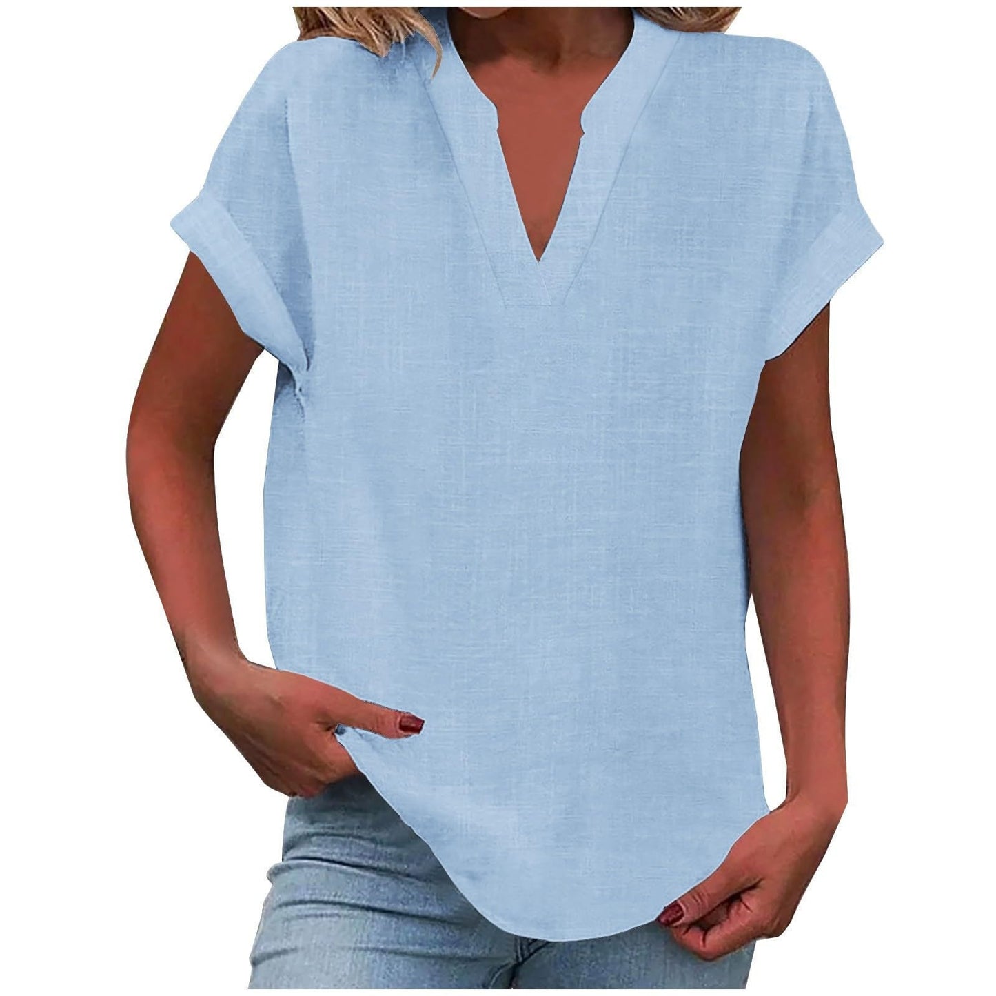 Relaxed V-Neck Blouse with Smooth Drape & Rolled Short Sleeves 3