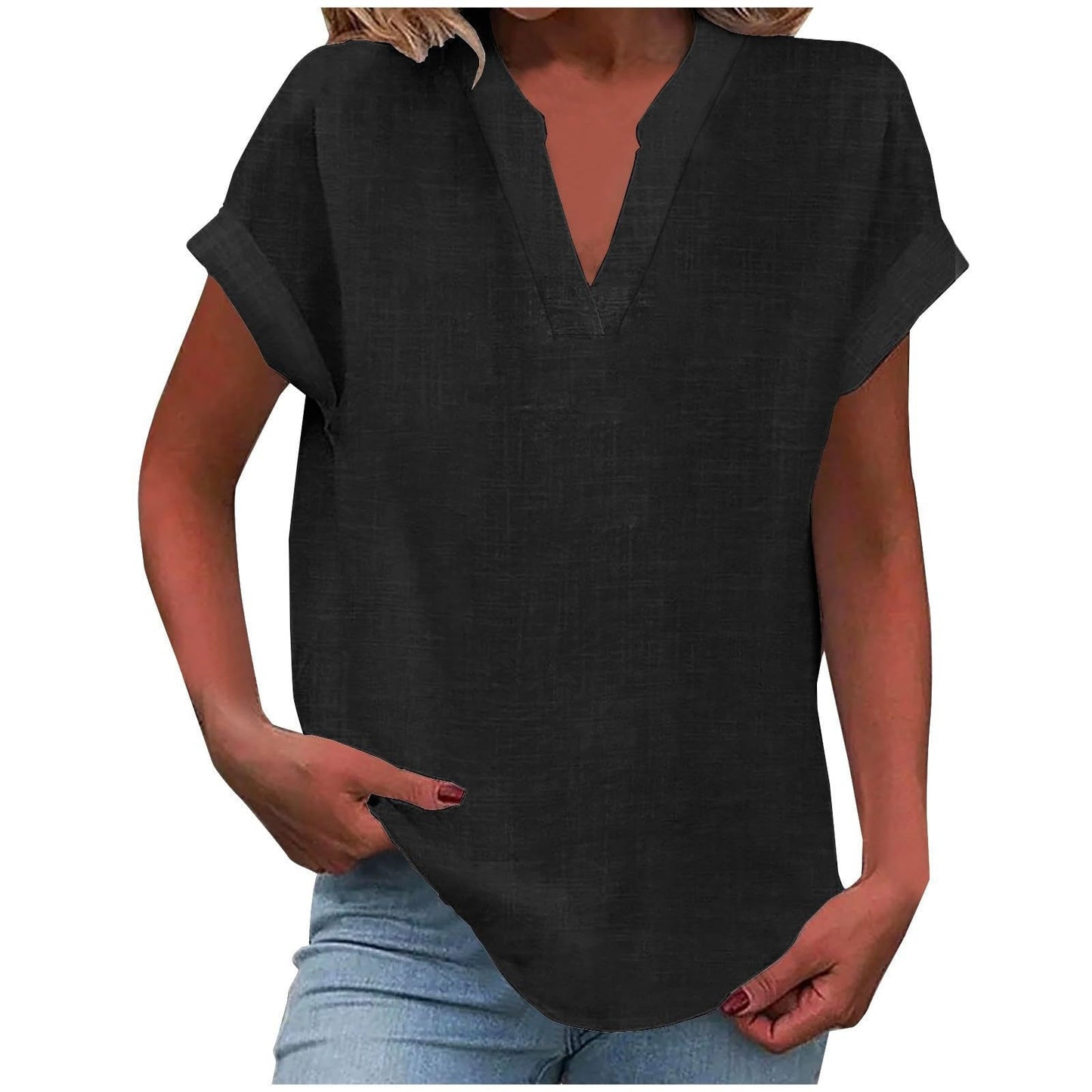 Relaxed V-Neck Blouse with Smooth Drape & Rolled Short Sleeves 11