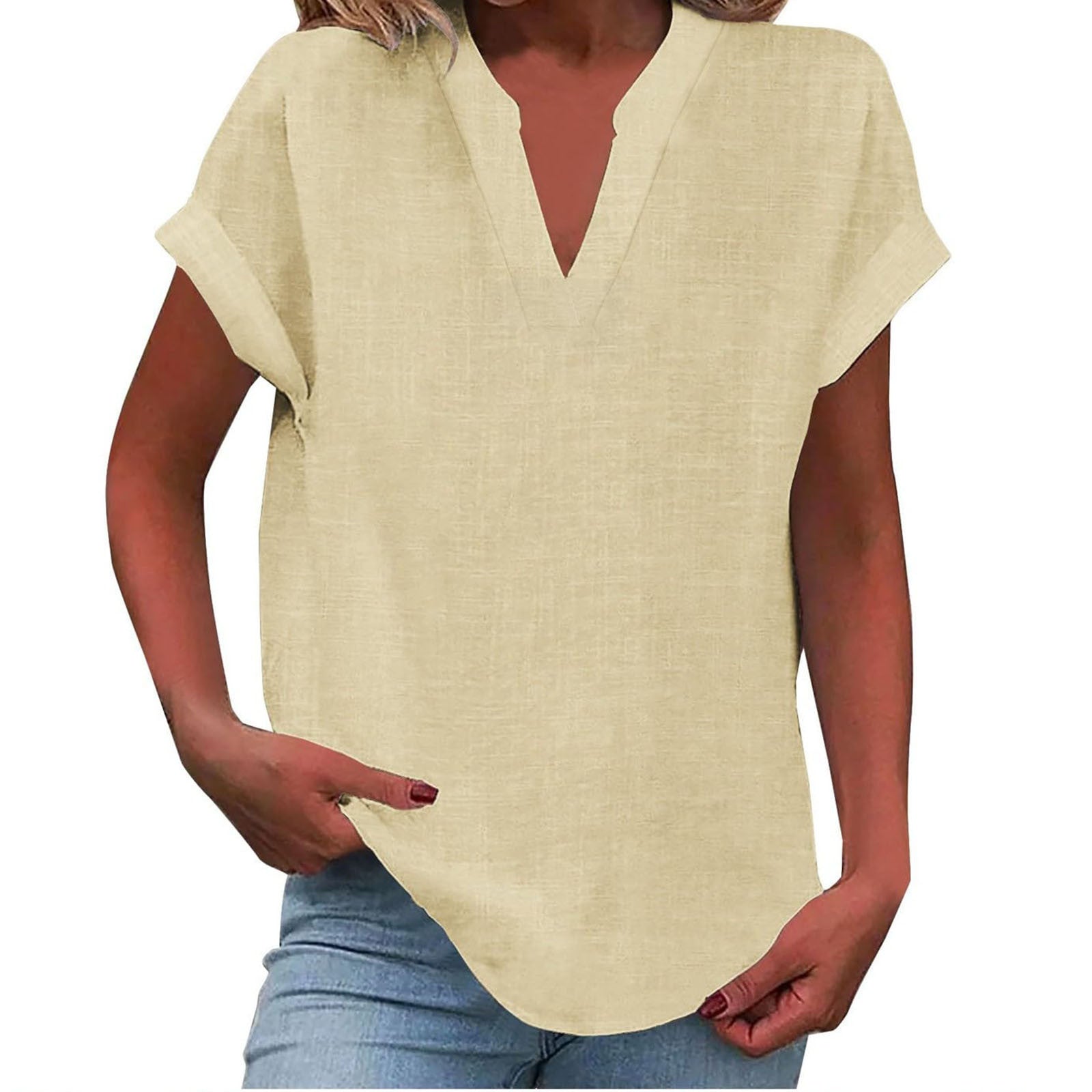 Relaxed V-Neck Blouse with Smooth Drape & Rolled Short Sleeves 7