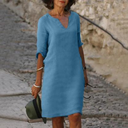 Piper Collection | Women's Dress - Casual V-Neck Shift with Pockets | Lightweight Cotton-Linen Blend for Effortless Summer Style