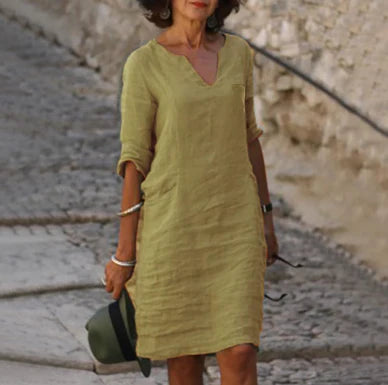 Piper Collection | Women's Dress - Casual V-Neck Shift with Pockets | Lightweight Cotton-Linen Blend for Effortless Summer Style