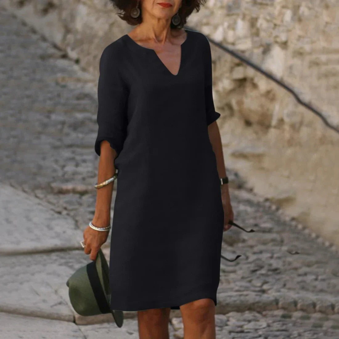 Piper Collection | Women's Dress - Casual V-Neck Shift with Pockets | Lightweight Cotton-Linen Blend for Effortless Summer Style