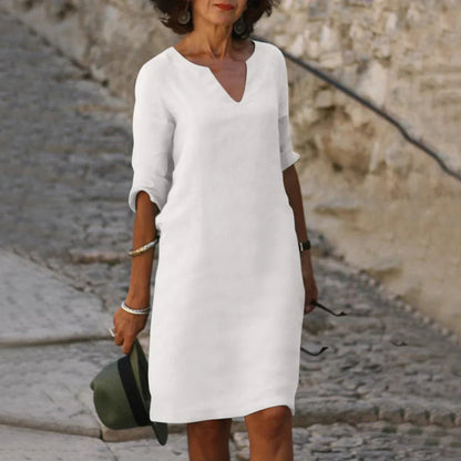 Piper Collection | Women's Dress - Casual V-Neck Shift with Pockets | Lightweight Cotton-Linen Blend for Effortless Summer Style