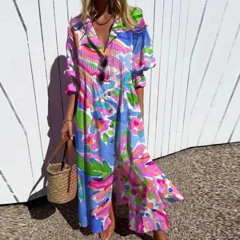 Poppy Collection | Women's Maxi Dress with Button-Down Front & Ruffled Cuffs | Effortless Summer Style for Any Occasion