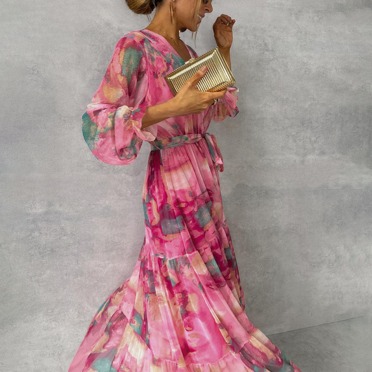 Rose Collection | Women's Floral Maxi Dress with Sheer Ruffled Sleeves | Elegant Wrap Design for Special Occasions