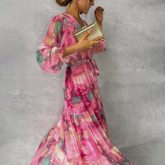 Rose Collection | Women's Floral Maxi Dress with Sheer Ruffled Sleeves | Elegant Wrap Design for Special Occasions