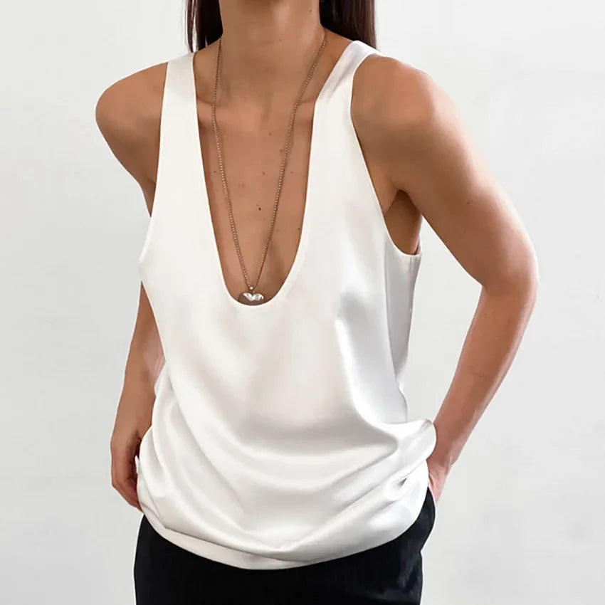 Deep Drape Satin Tank Top — Effortless Elegance for Women 10