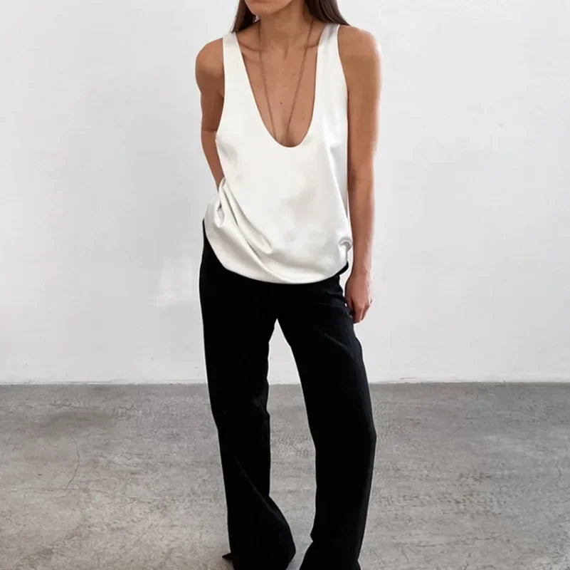 Deep Drape Satin Tank Top — Effortless Elegance for Women 2