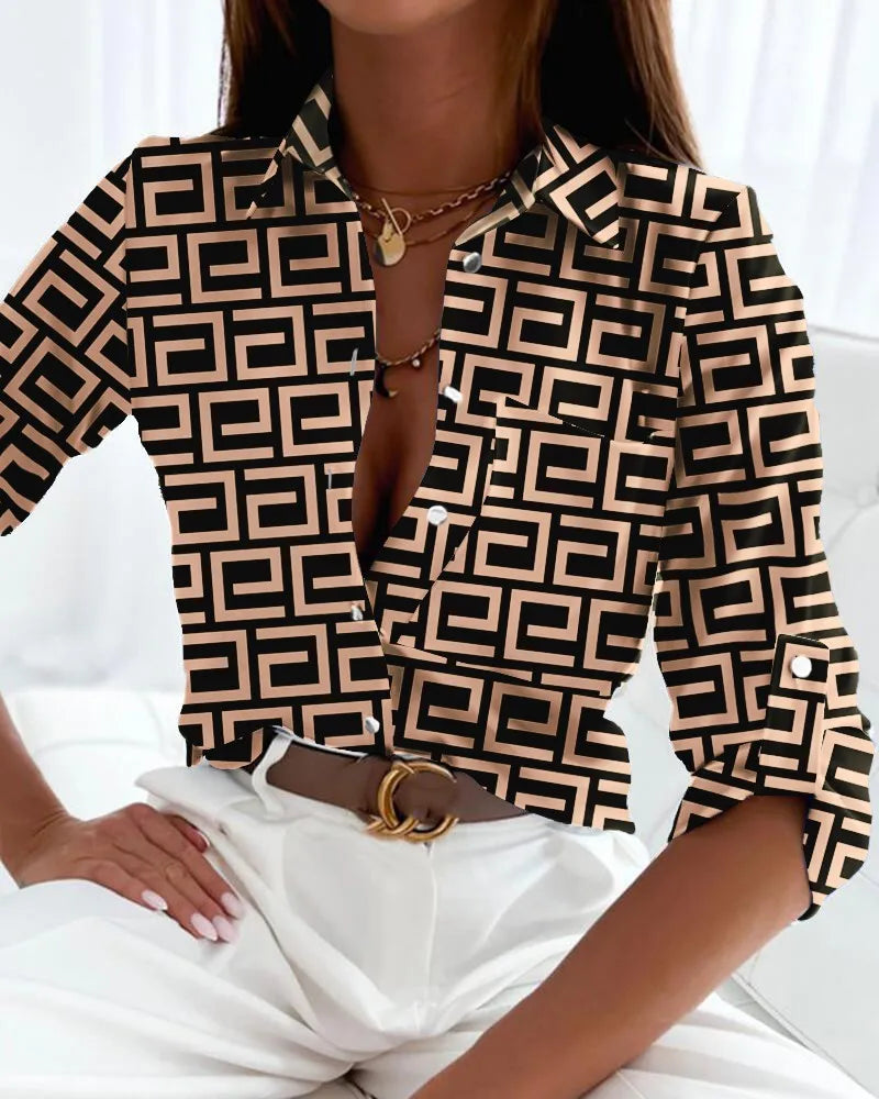 Women's Long Sleeve Blouse V-Neck Graphic Pattern Button Front 3
