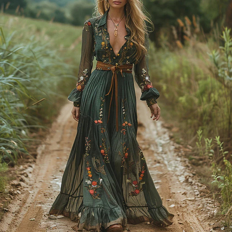 Selvara™ Bohemian Floral Maxi Dress — Pleated Button-Down 1