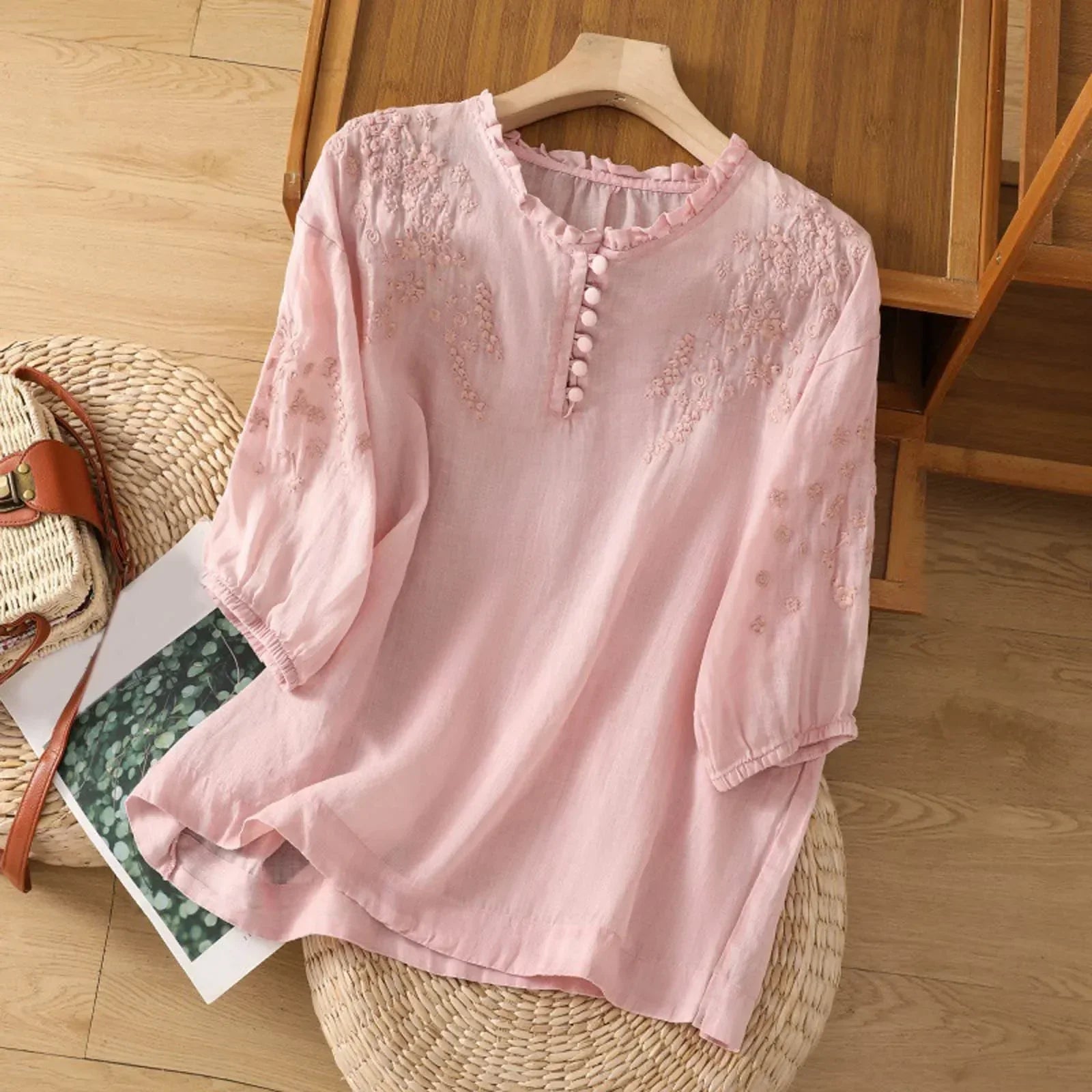 Embroidered Button-Front Blouse with Floral Detail 2