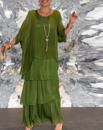 Tiered Maxi Dress with Long Sleeves & Layered Printed Skirt 12