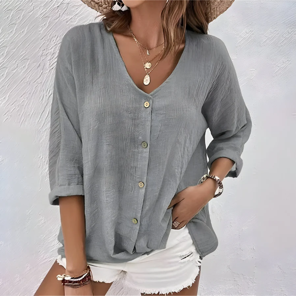 Relaxed Button-Up Blouse with V-Neckline & Elbow Sleeves 2