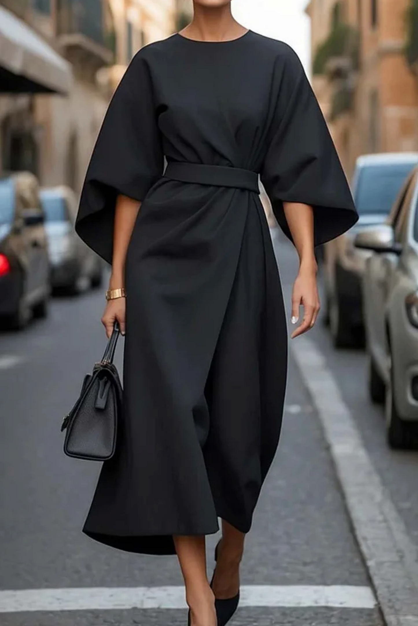 Elegant Lantern Sleeve Dress with Adjustable Waist Bow 1