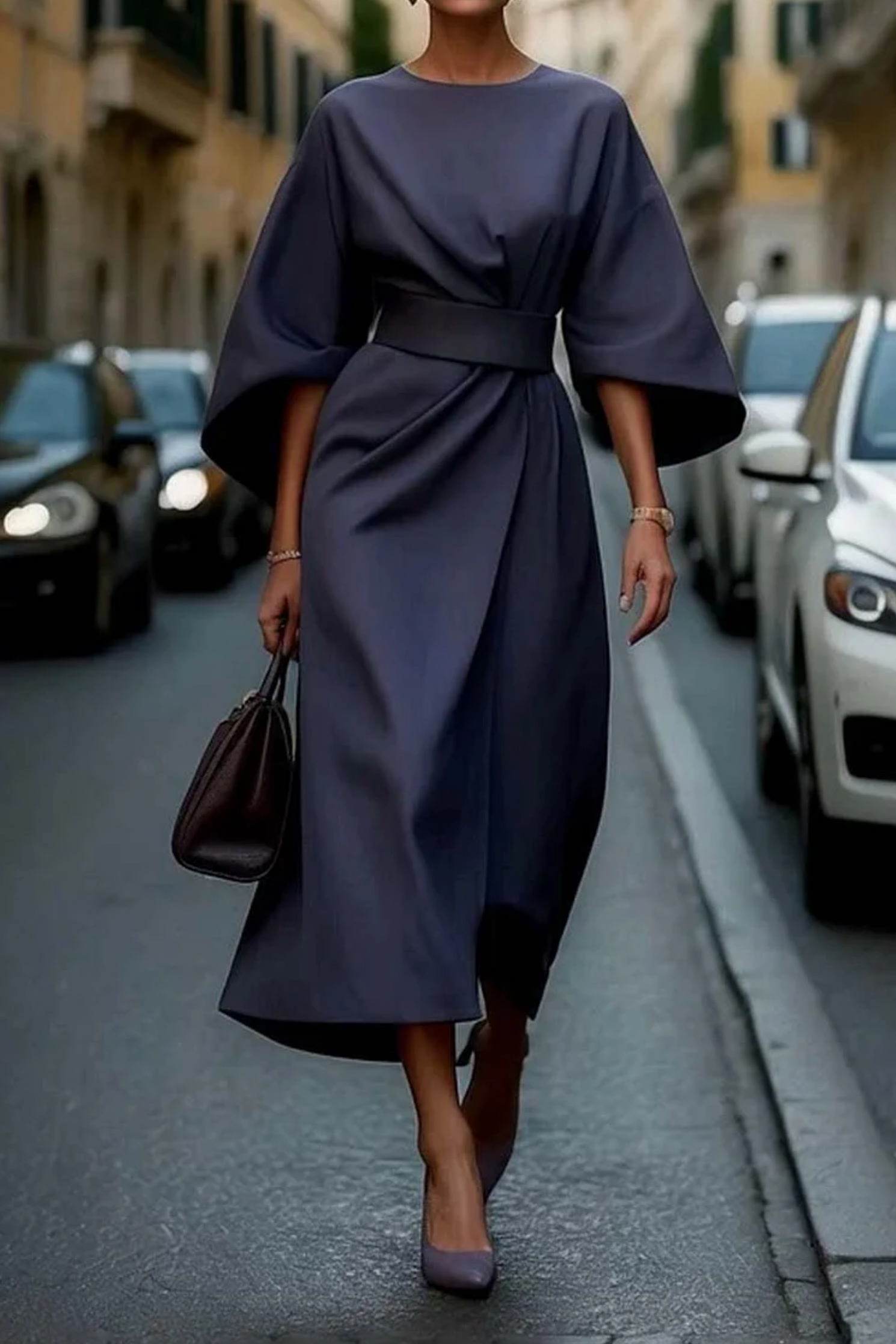 Elegant Lantern Sleeve Dress with Adjustable Waist Bow 2