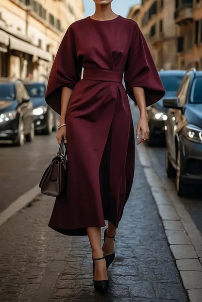Elegant Lantern Sleeve Dress with Adjustable Waist Bow 5